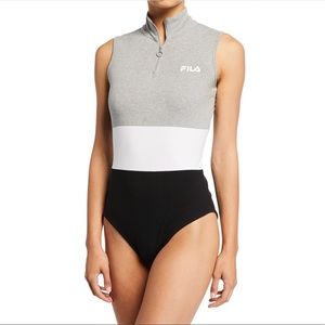 Fila Bianca Gray Logo Mock Neck Zip Front Bodysuit